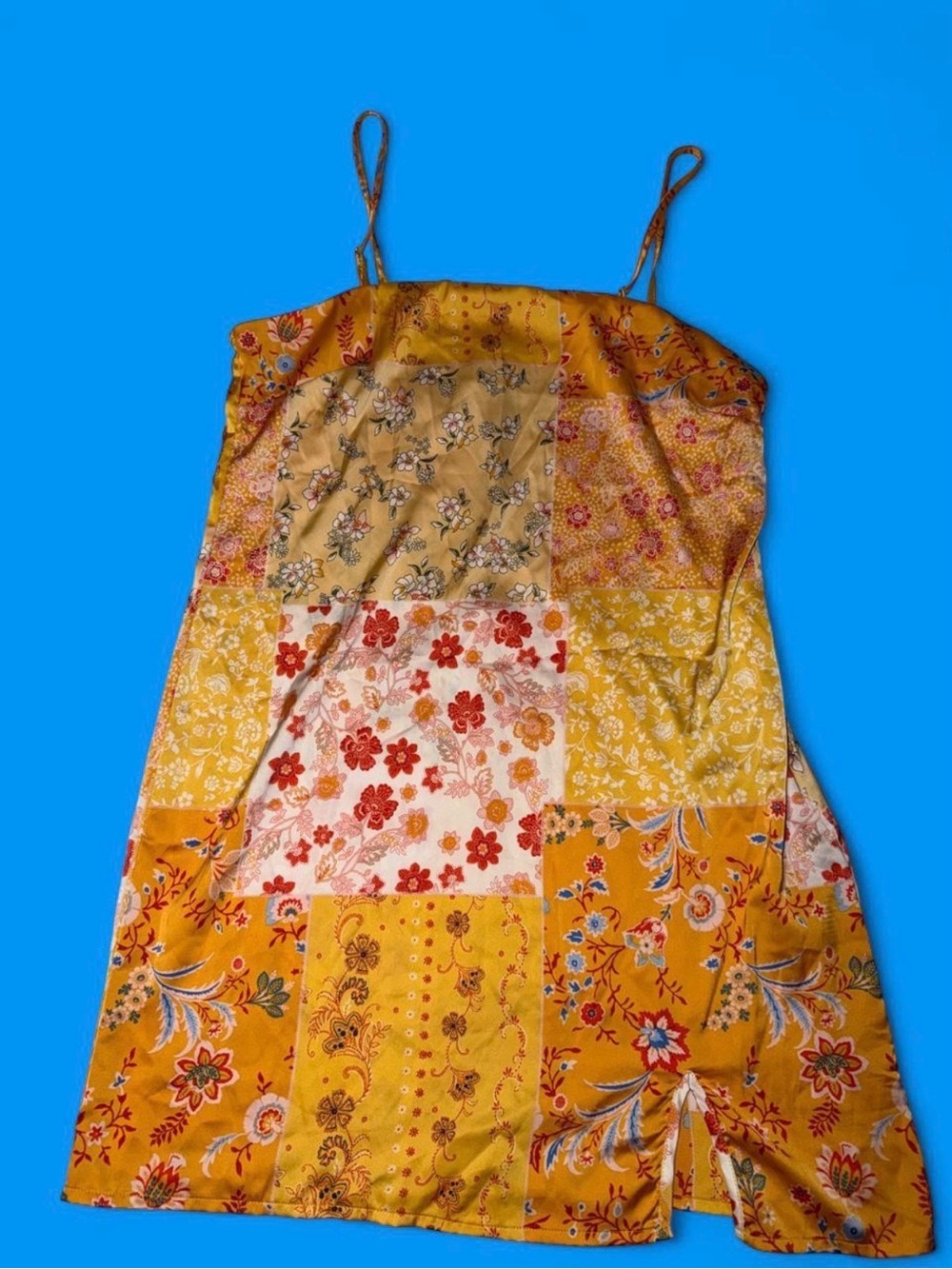 Yellow Patchwork Floral Mini Sundress with Spaghetti Straps